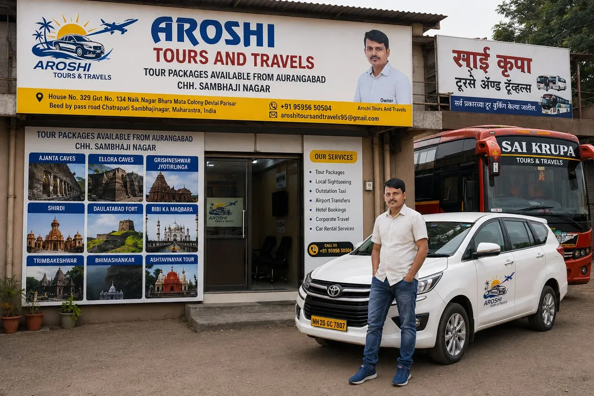 Aroshi Car Rental office in Chhatrapati Sambhajinagar with owner Dinesh Rathod
