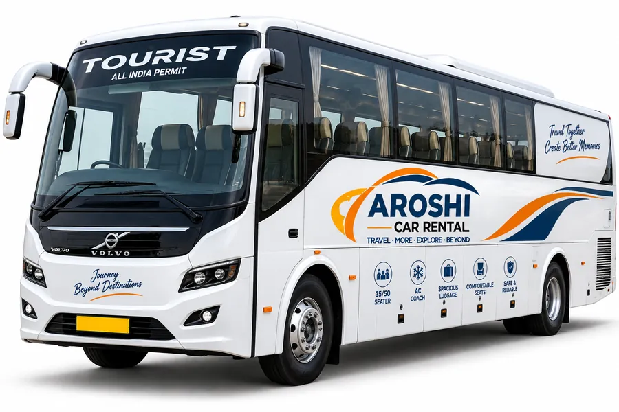 White air-conditioned tourist bus with Aroshi Car Rental branding