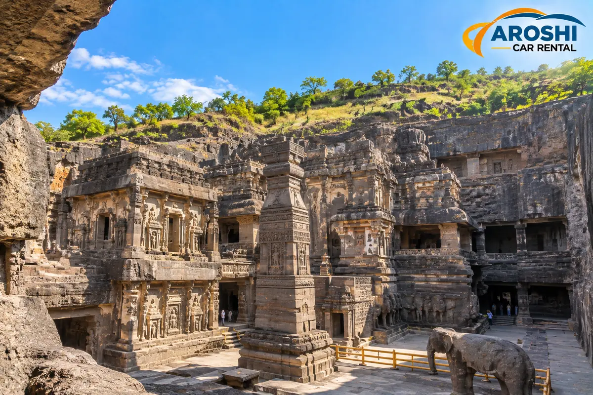 Kailasa Temple with its carved pillar and stone elephant at Ellora