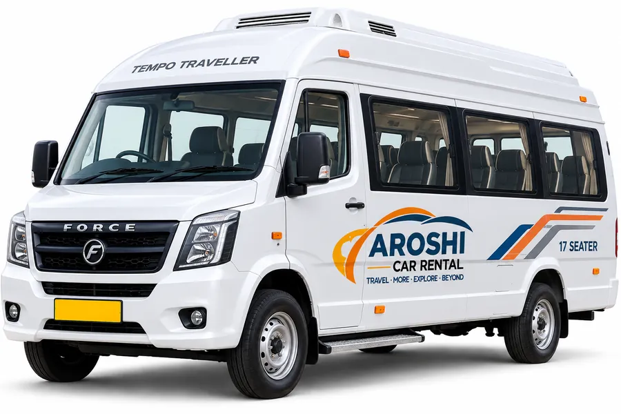 White Force Tempo Traveller 17-seater with Aroshi Car Rental branding